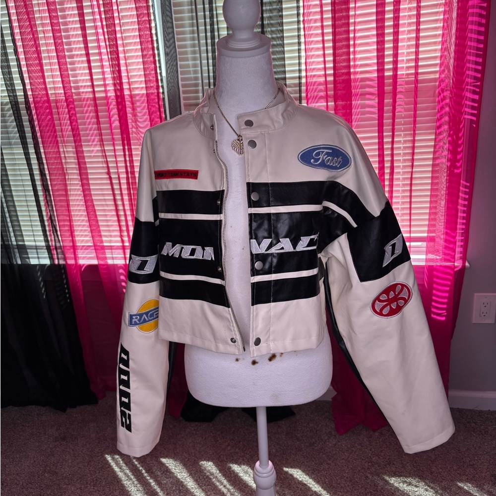 Fashion Nova White and Black Bomber Jacket